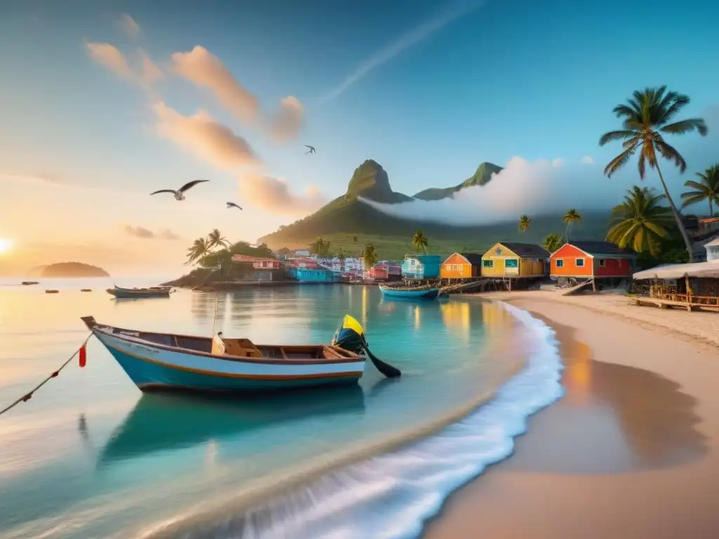 Amanecer sereno en pueblo costero con barcos de pesca y palmeras Vivir frente al mar guía: Amanecer sereno sobre un pueblo costero con botes de pesca coloridos y gaviotas volando