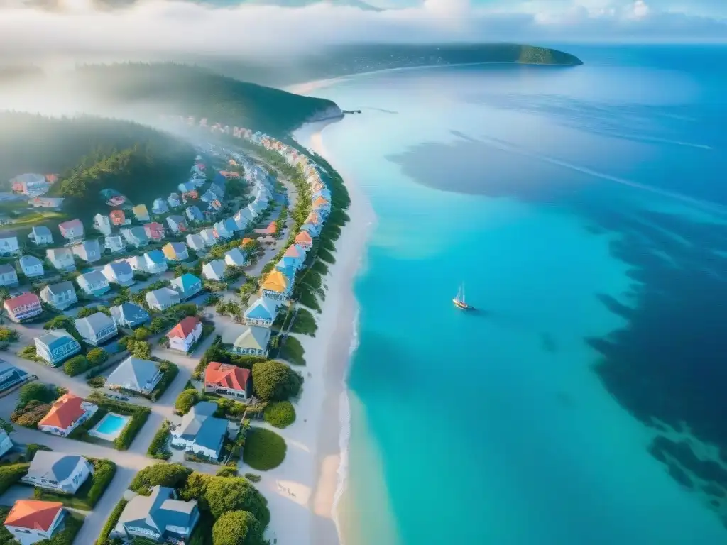 Pintoresco pueblo costero: vida vibrante junto al mar Vivir frente al mar guía: Pintoresco pueblo costero con casas coloridas, veleros en agua turquesa y cielo azul con nubes blancas
