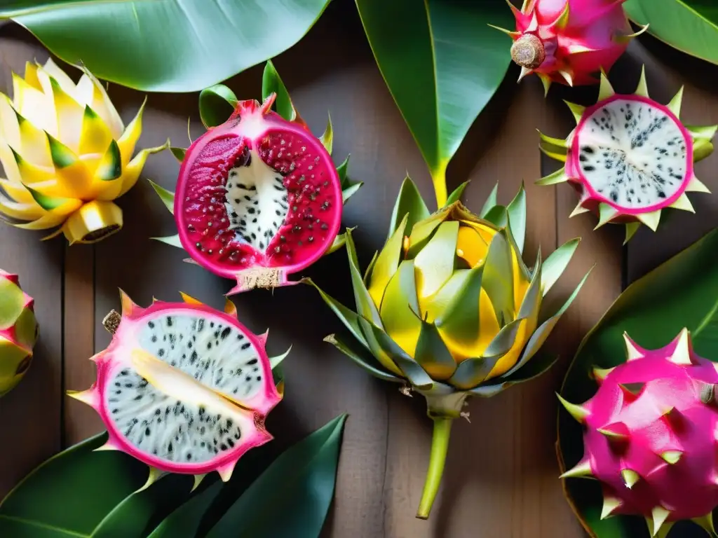Exótica variedad de frutas tropicales en mesa de madera Frutas exóticas del litoral: una explosión de sabores únicos y colores vibrantes en una presentación fresca y tropical