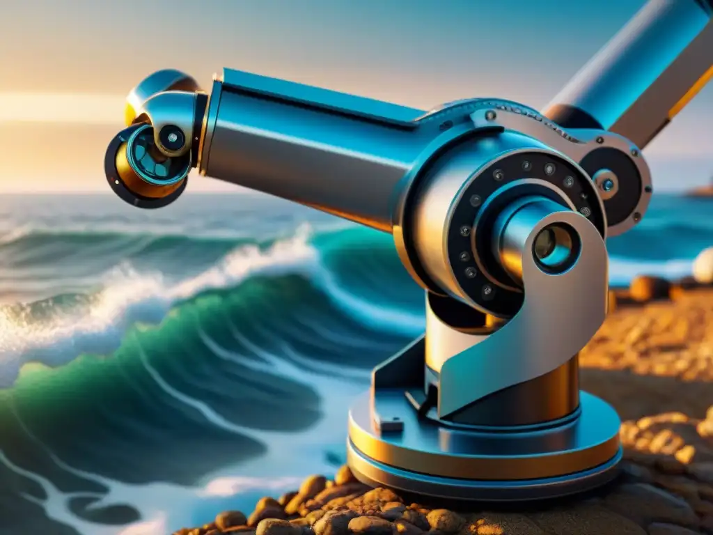 Robot de mantenimiento marino: tecnología avanzada enfrenta la naturaleza Futuro de la robotización en el mantenimiento costero: brazo robótico avanzado en acción frente al mar