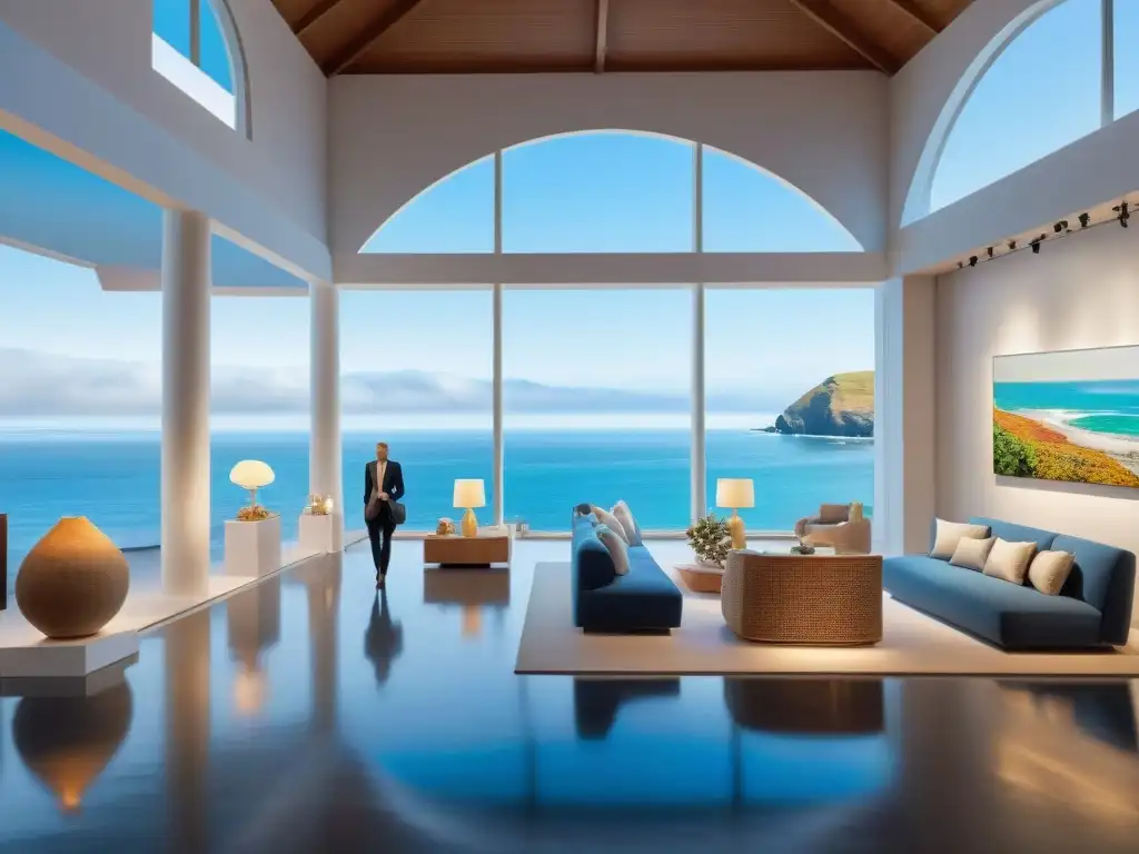 Galera costera: arte y elegancia junto al mar Galería de arte costero influencia moda diseño con obras y visitantes admirando