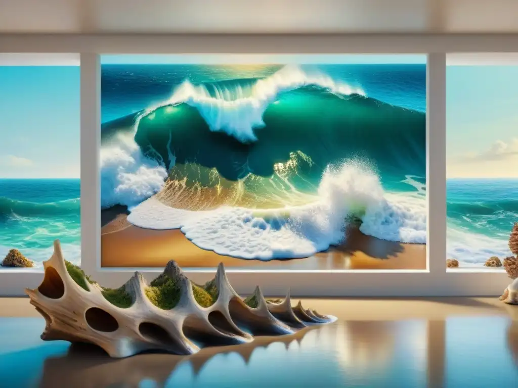 Gal·ería costera: arte vibrante y sofisticación junto al mar Una galería de arte costero serena con una colección vibrante de paisajes marinos, esculturas de conchas y obras abstractas