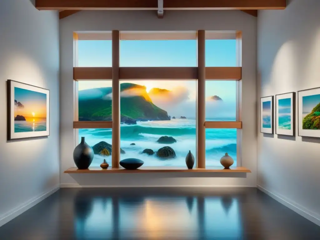 Galería de arte costero: diversidad y elegancia en un espacio sostenible Una galería de arte costero sostenible llena de obras vibrantes y elegantes, donde la inversión y la sostenibilidad se unen en un espacio sofisticado