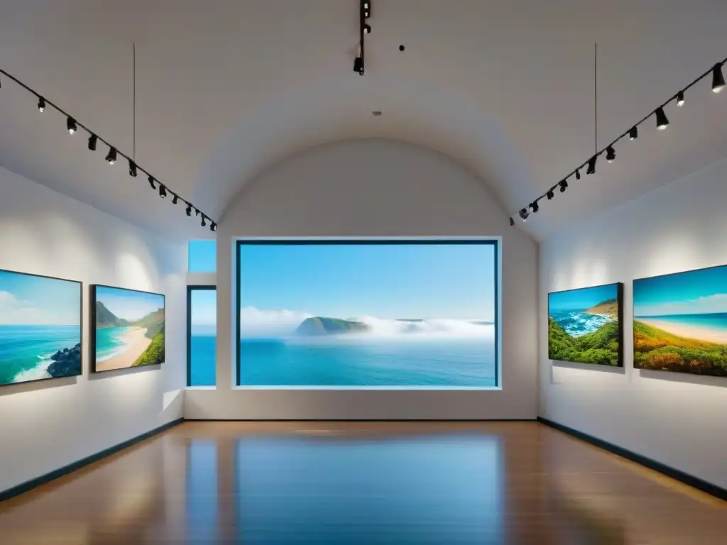 Galería costera: arte marítimo en alta resolución Una galería de arte costero vibrante con una colección diversa de obras, iluminadas por la luz natural del mar