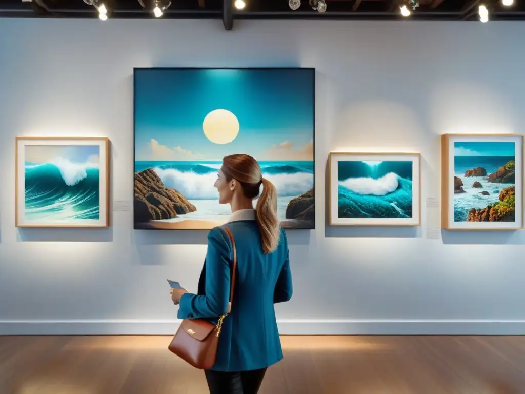 Galería de arte costero: belleza y valor en inversiones Una galería de arte costero vibrante y diversa, bañada en luz natural, donde se aprecian cuadros y esculturas inspirados en el mar