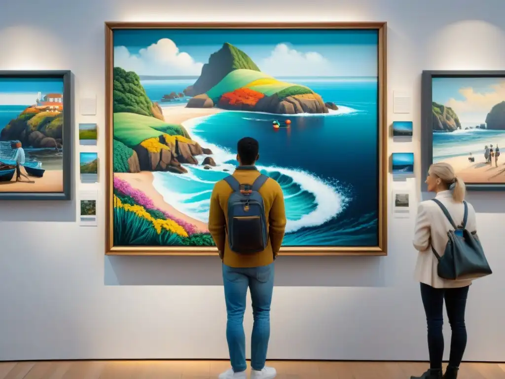 Exposición de arte costero: cuadro detallado y visitantes diversos Una galería de arte vibrante con obras costeras, visitantes diversos y una pintura detallada de paisaje costero