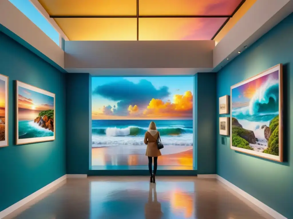 Galría de arte costera al atardecer: inspiración frente al mar Una galería costera impresionante al atardecer, con arte variado y visitantes admirando las obras