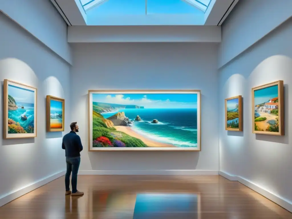 Galera de arte costera: vibrantes obras y paisajes Una galería costera impresionante llena de arte vibrante, esculturas y visitantes, bañada por la luz natural del mar
