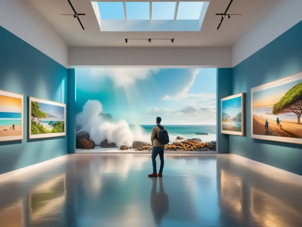 Galardón de arte en la costa: diversidad y vitalidad Una galería costera impresionante repleta de arte vibrante y visitantes en profunda admiración