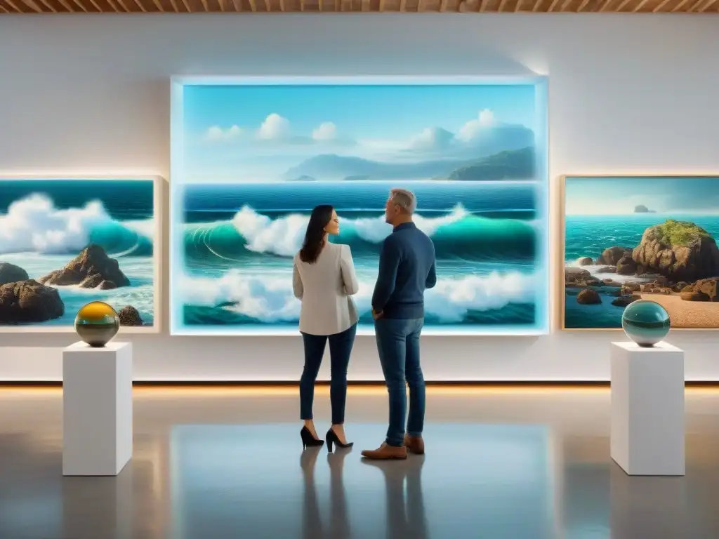 Coleccionistas de arte disfrutan obras costeras en galería moderna Una galería moderna llena de coleccionistas de arte examinando obras costeras únicas