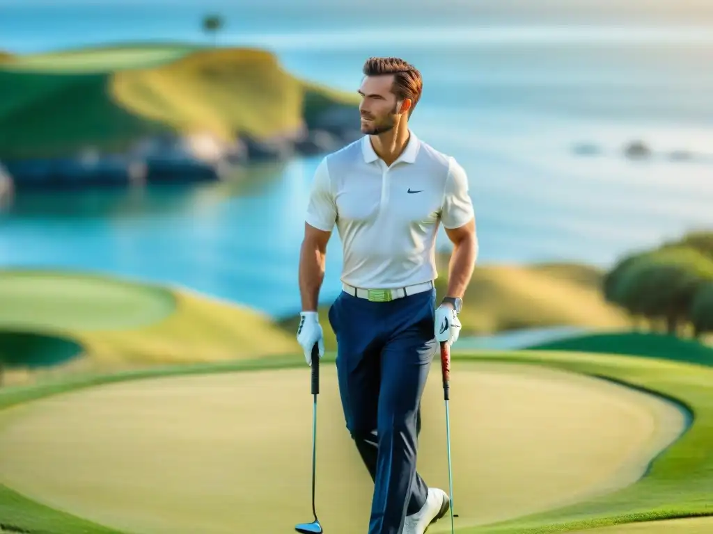 Golfista elegante en campo costero Golfista en elegante atuendo blanco y azul, swing en campo verde con vistas al mar