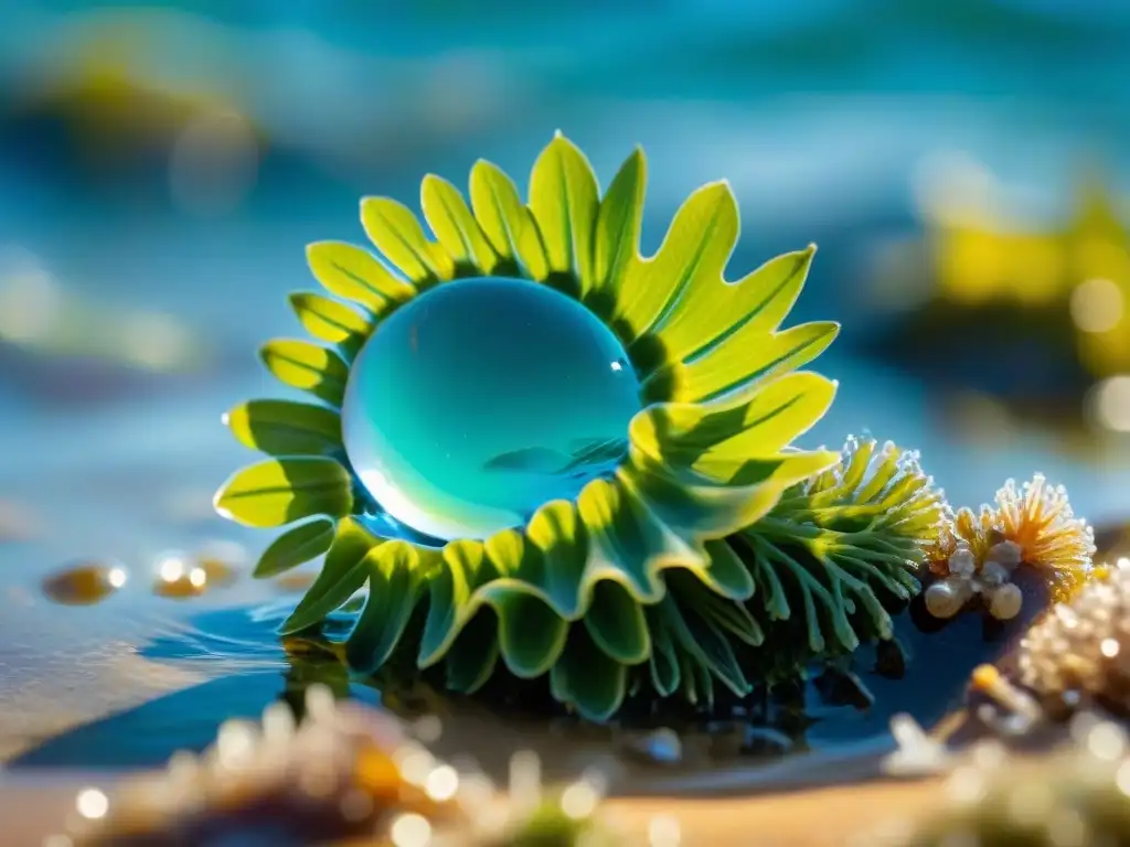 Gotas de agua de mar y algas: pureza y vitalidad Gotas de agua de mar en alga verde brillante en la playa, reflejando luz y mostrando beneficios agua de mar piel