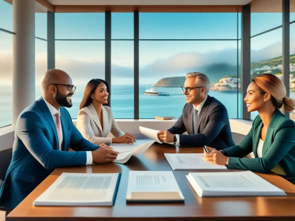 Abogados y asesores fiscales en reunión estratégica frente al mar Un grupo de abogados y asesores fiscales en una reunión en un entorno costero, discutiendo estrategias y documentos legales
