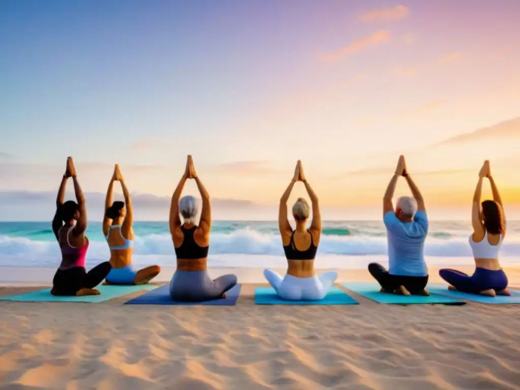 Yoga para mayores al amanecer en la playa Un grupo de adultos mayores practicando yoga en la playa al amanecer, con olas calmadas y un cielo colorido reflejándose en el agua