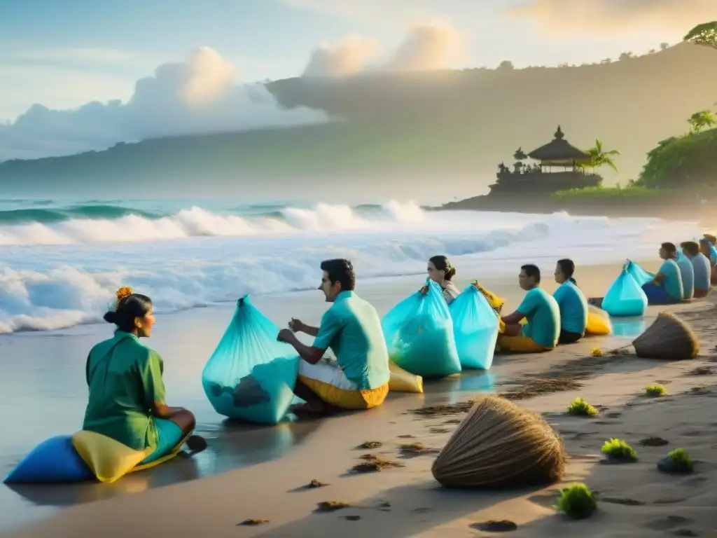 Villagers de Bali unidos en limpieza de playa al amanecer Un grupo de aldeanos balineses realiza una limpieza en la playa al amanecer