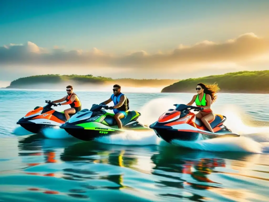 Amigos en jet skis al atardecer: emoción y aventura en la costa Un grupo de amigos en motos acuáticas al atardecer, con un fondo vibrante y emocionante
