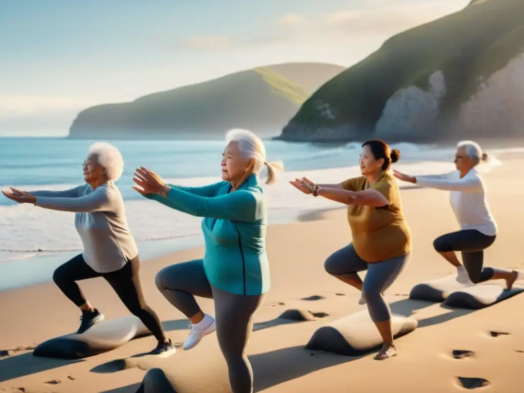 Rutina matutina de ejercicio junto al mar en comunidad de ancianos Grupo de ancianos practicando ejercicios matutinos en la costa, mostrando longevidad en comunidades costeras