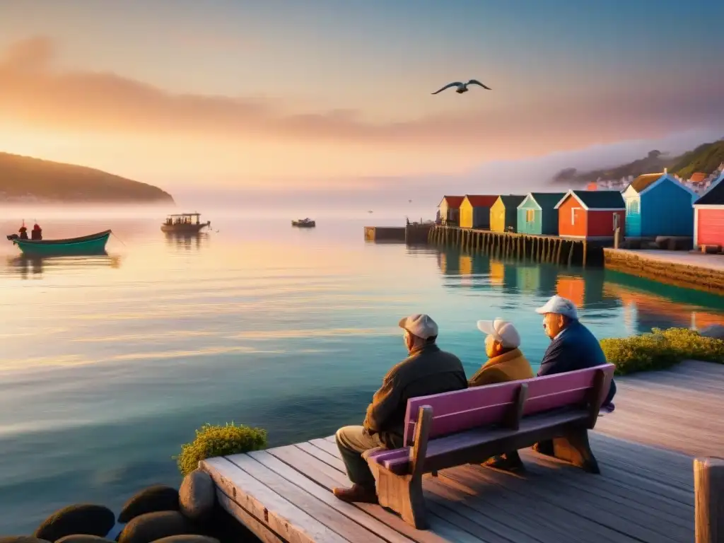 Pescadores ancianos en animada charla al atardecer en el muelle Un grupo de ancianos pescadores conversa animadamente en el muelle al atardecer, rodeados de barcos y una pintoresca aldea costera