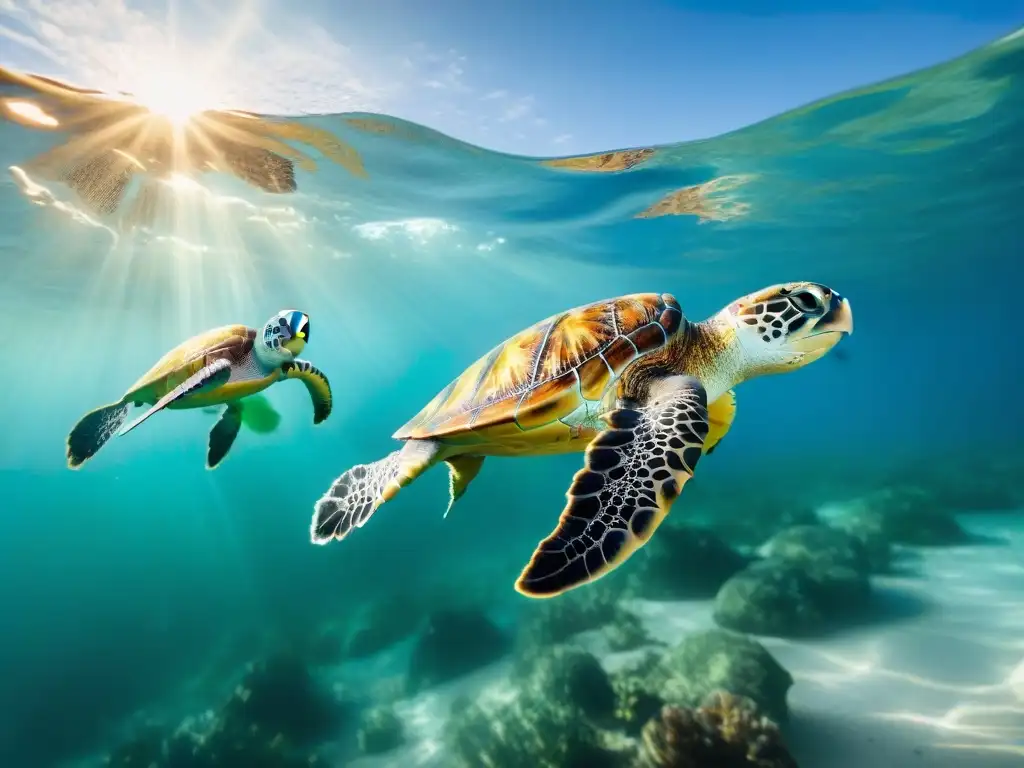 Emocionante liberación de tortugas marinas por biólogos marinos apasionados Un grupo apasionado de biólogos marinos libera tortugas marinas rehabilitadas en el mar cristalino