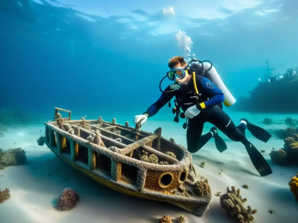 Excavación de naufragio: expertos marinos descubriendo tesoros bajo el mar Grupo de arqueólogos marinos explorando naufragio, descubriendo historia marítima expediciones hallazgos en el fondo marino