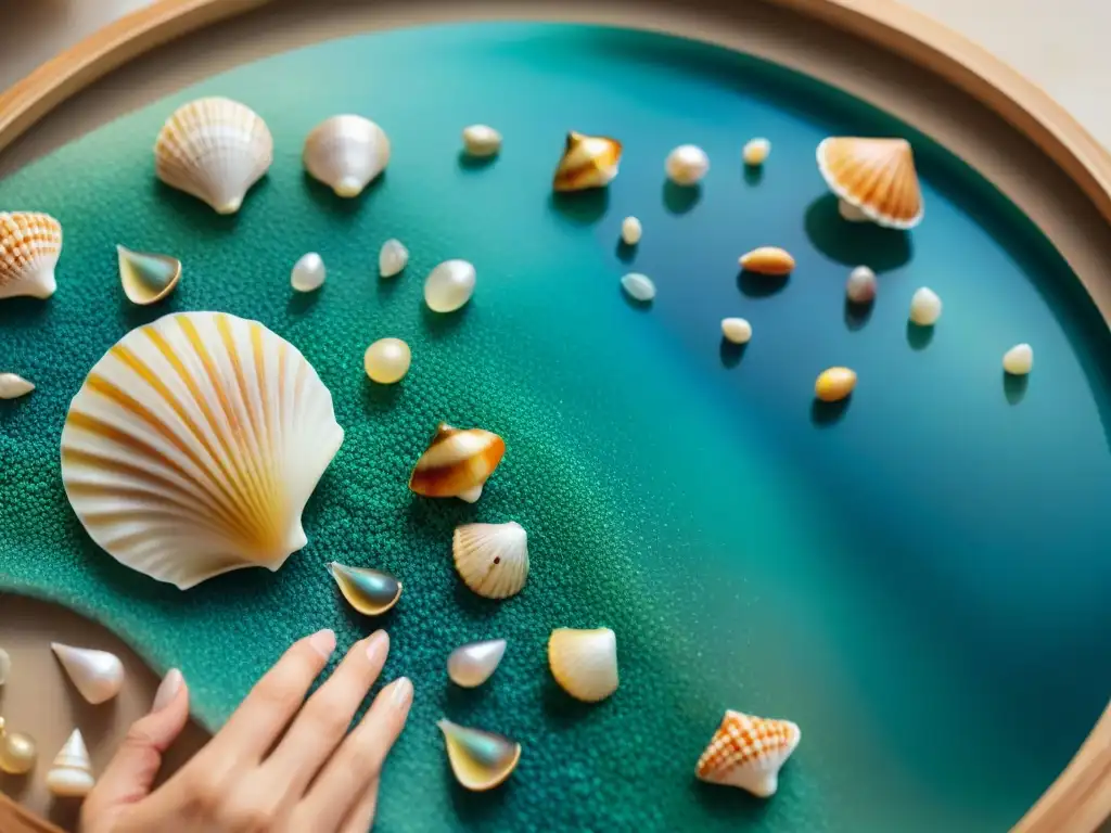 Artesanos creando mosaicos marinos con conchas: dedicación a detalle Un grupo de artesanos contemporáneos crean meticulosos mosaicos de conchas marinas inspirados en el mar, con dedicación y creatividad