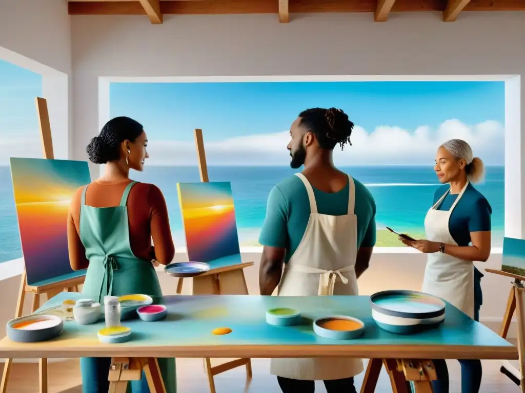 Artistas costeros crean en comunidad Grupo de artistas costeros creando arte global en un estudio colorido frente al mar