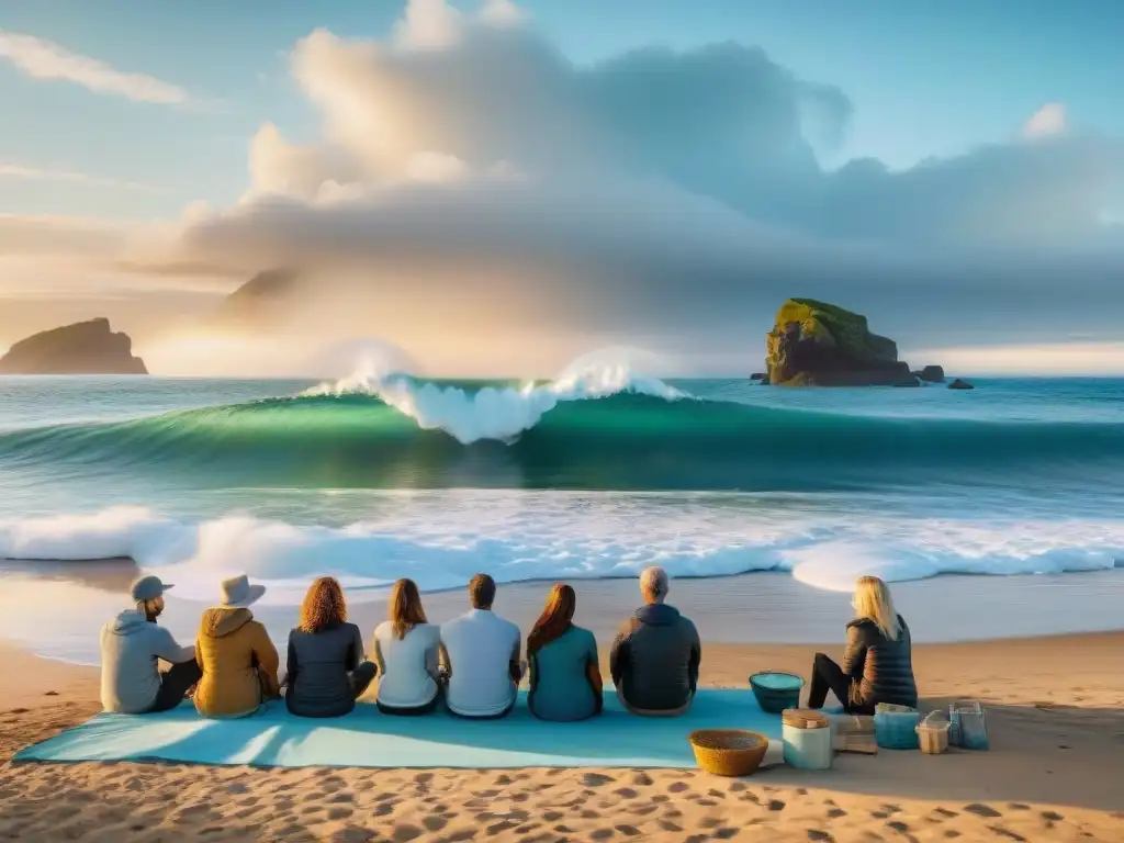 Colaboración artística en la costa: creando un paisaje marino vibrante Grupo de artistas costeros contemporáneos creando un paisaje marino innovador con técnicas colaborativas en la playa soleada