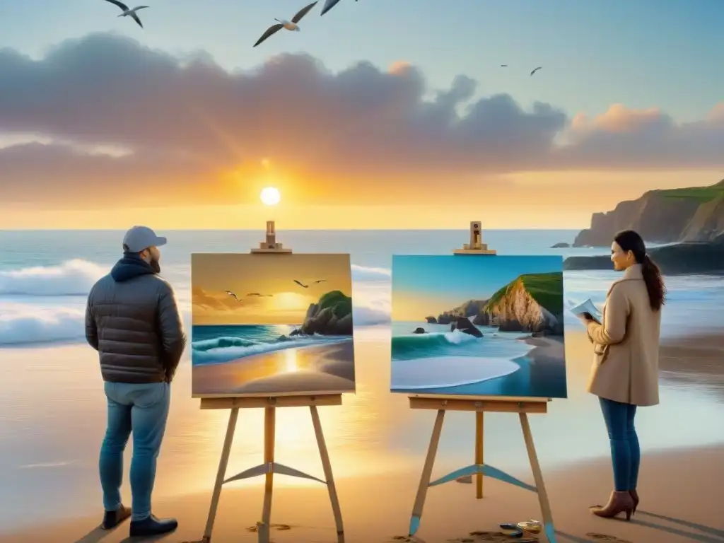 Artistas costeros inspirados: Pintando seascapes al atardecer Un grupo de artistas costeros contemporáneos, inmersos en su proceso creativo en una playa, pintando paisajes marinos vibrantes al atardecer