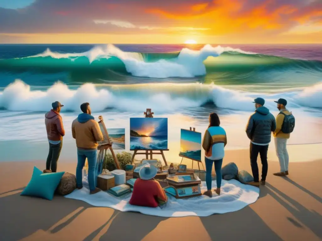 Artistas costeros: creando arte frente al mar Grupo de artistas costeros inmersos en su vibrante arte frente al mar al atardecer, reflejando su marca en el mercado global del arte