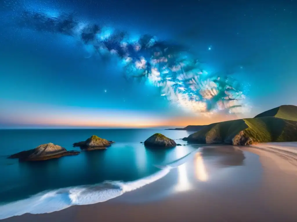 Observación estelar en la costa: la magia de la noche bajo la Vía Láctea Un grupo de astrónomos observa estrellas en la costa, bajo un cielo estrellado y la Vía Láctea reflejada en el mar