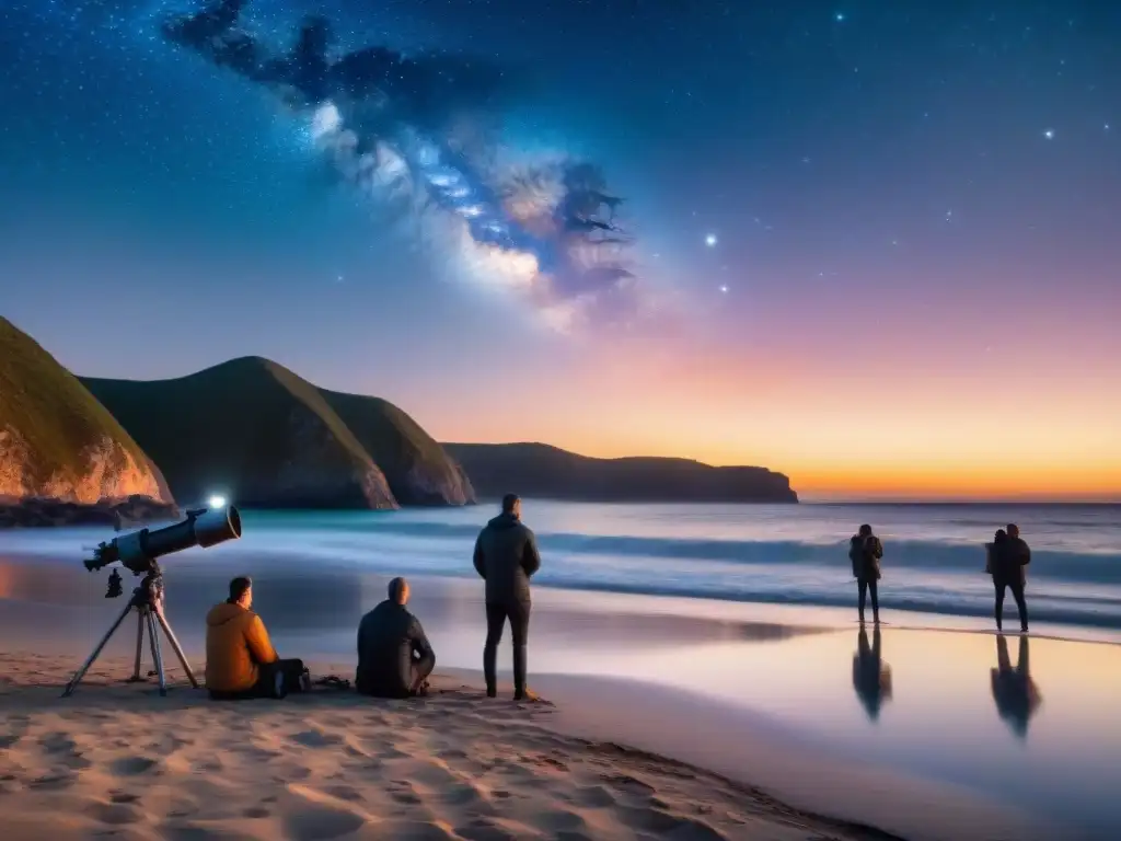 Estrellas en la costa: Astrónomos preparan telescopios al atardecer Un grupo de astrónomos montando telescopios en una playa al anochecer, con el cielo estrellado reflejado en el mar