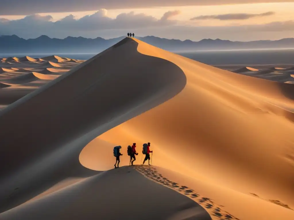 Exploradores desafían dunas al atardecer Un grupo de aventureros escalando dunas en destinos costeros al atardecer
