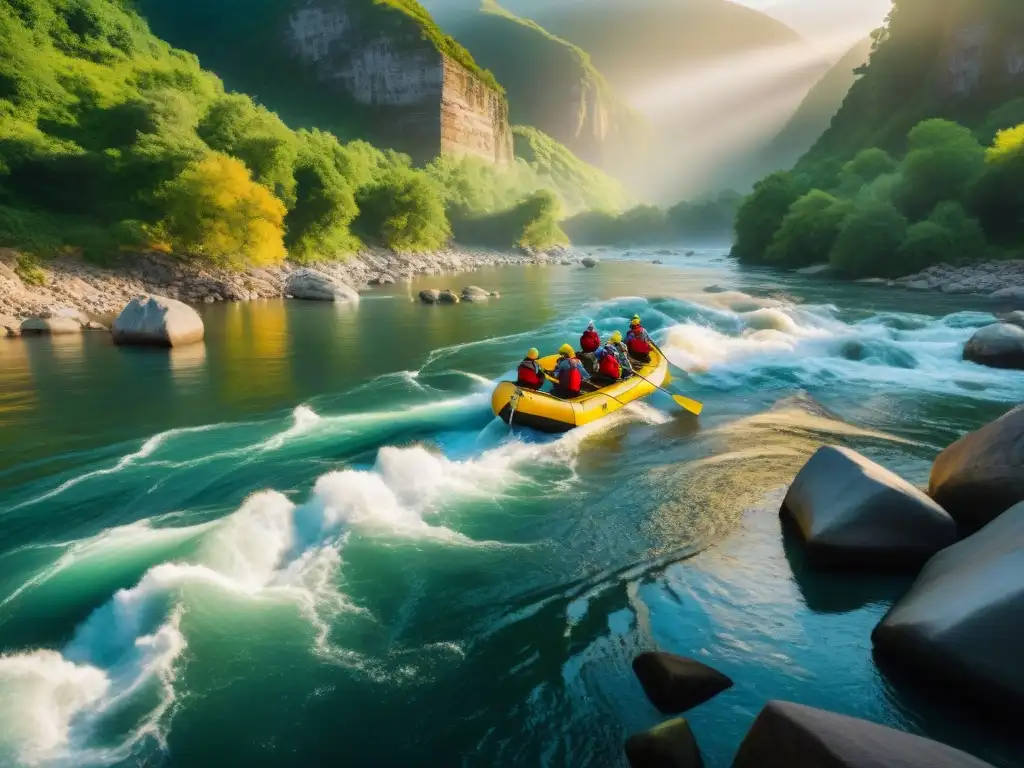 Emocionante travesía en río costero al atardecer Un grupo de aventureros practica rafting en ríos costeros al atardecer, rodeados de naturaleza salvaje y aguas cristalinas turbulentas