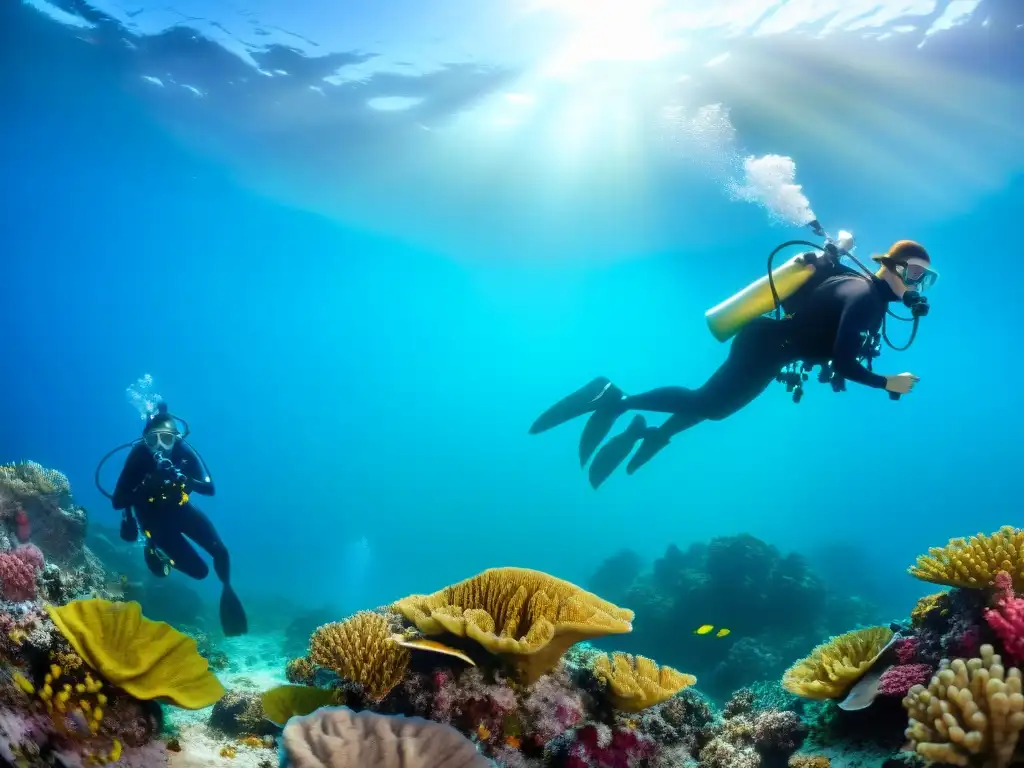 Grupo de biólogos marinos en acción, investigando en un arrecife de coral vibrante