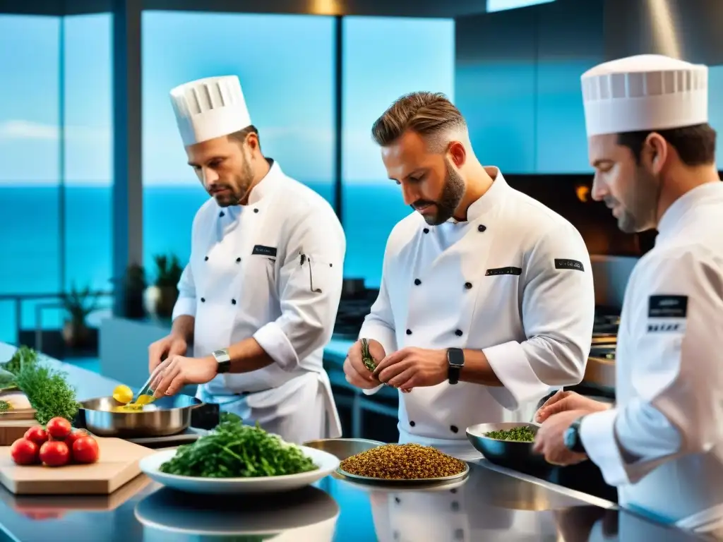 Maestros costeros: chefs expertos preparando mariscos frescos con pasión Un grupo de chefs expertos del litoral preparando delicias marinas con pasión en una cocina frente al mar