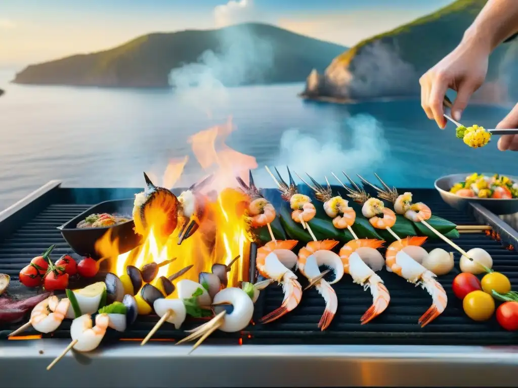 Exquisita parrilla de mariscos en la costa Un grupo de chefs profesionales preparando mariscos y verduras en una parrilla costera, demostrando técnicas sabores exquisitos
