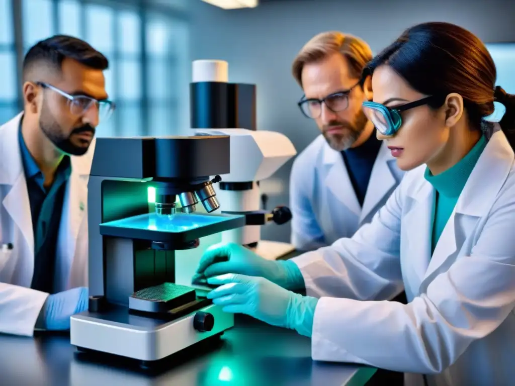 Avanzada investigación en nanotecnología marina Grupo de científicos examinando nano partículas y organismos marinos bajo microscopio