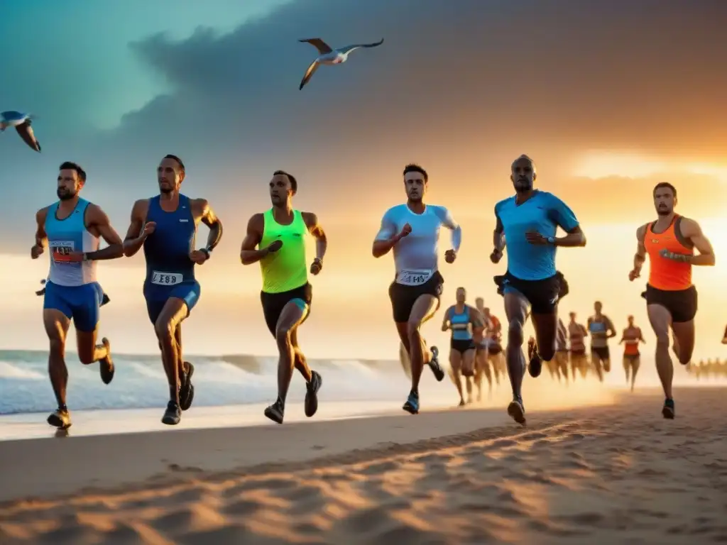 Carrera playera al atardecer: energía y camaradería en la arena Grupo de corredores de playa entusiastas levantando arena al correr al atardecer, con olas y gaviotas