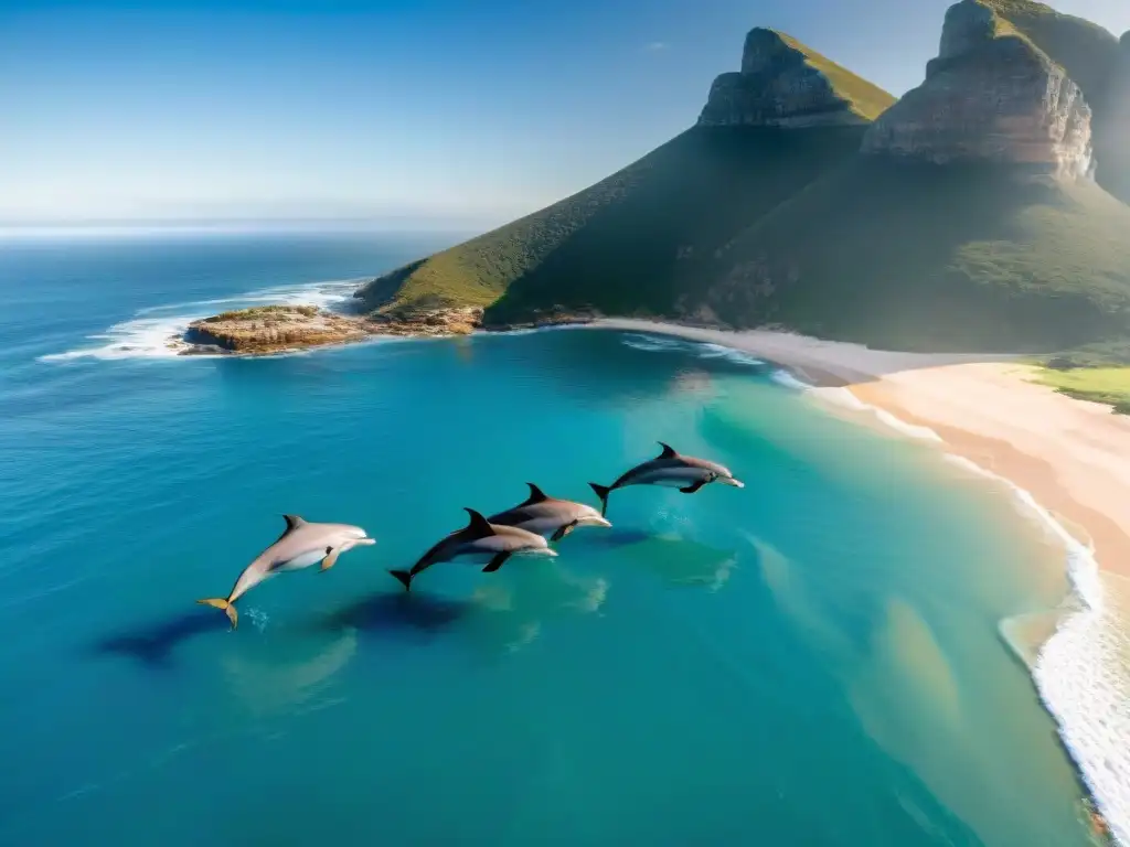 Manada de delfines saltando en aguas cristalinas de la costa sudafricana Un grupo de delfines jugando en aguas cristalinas frente a la costa sudafricana