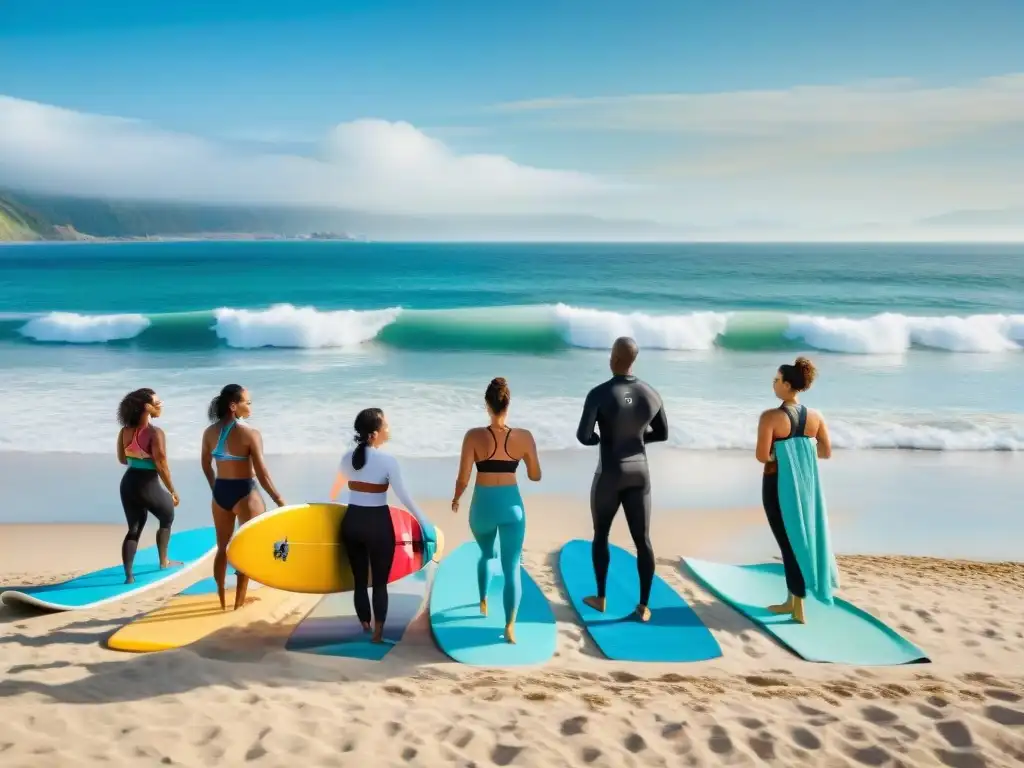 Diversión costera: Surf, vóley, paddle y yoga en la playa Grupo diverso disfrutando actividades costeras para mantenerse feliz en un día soleado
