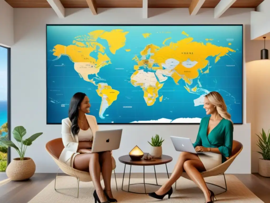 Anfitriones de alquiler vacacional colaborando en estrategias digitales Un grupo diverso de anfitriones de alquiler vacacional digital interactúa en laptops y tablets, discutiendo estrategias de precios y monetización