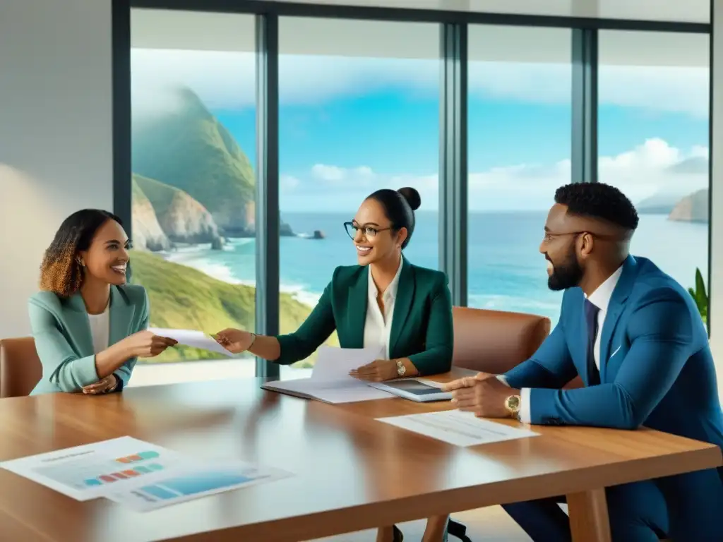 Reunión estratégica: Financiamiento innovador para propiedades costeras Grupo diverso en animada discusión sobre financiación para adquirir propiedad costera en moderna oficina con vista al mar