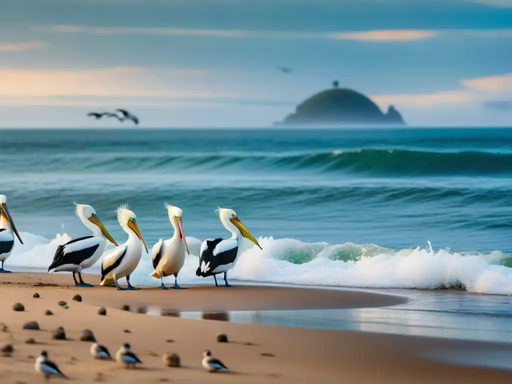 Armonía aviar en la costa: pelícanos, gaviotas y garzas Un grupo diverso de aves costeras en armonía en la playa, ilustrando la protección de aves costeras ecosistemas
