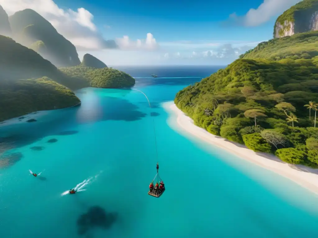 Emocionante aventura de ziplining sobre aguas cristalinas Un grupo diverso se prepara emocionado para una aventura de tirolesa sobre el océano, con paisaje marino vibrante