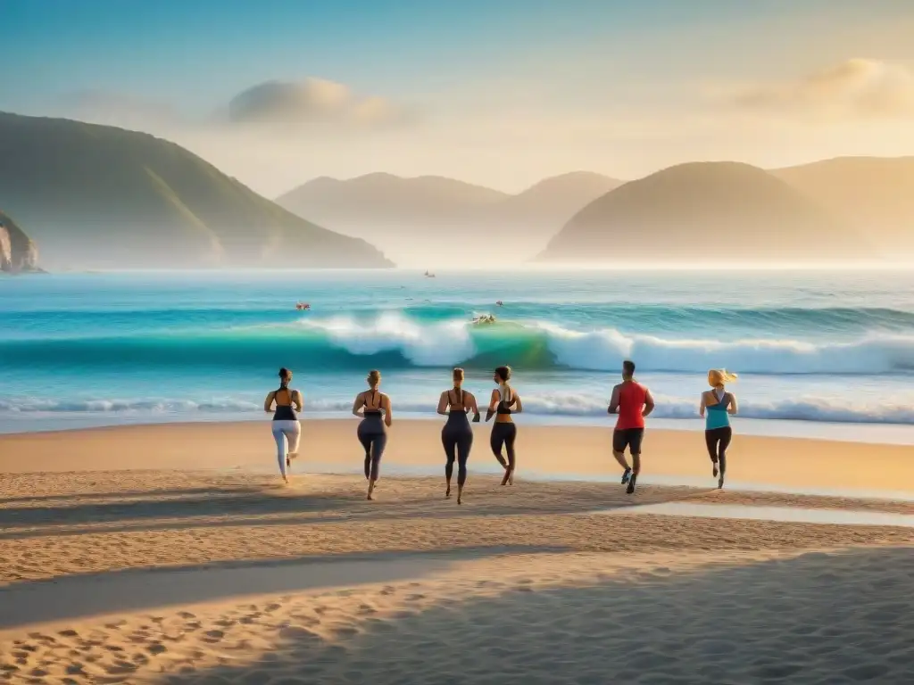Vibrante vida saludable en la playa: jogging, yoga, voleibol y más Grupo diverso disfruta de un estilo de vida activo junto al mar: jogging, yoga, vóley, natación y paddleboarding en la playa