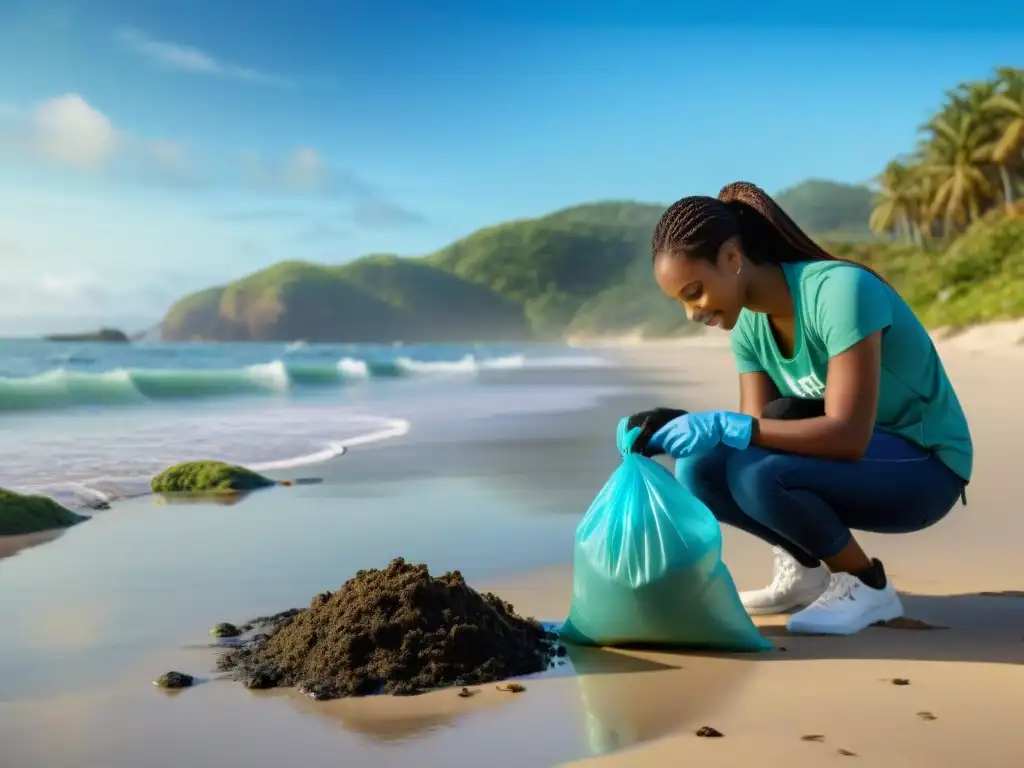 Jóvenes activistas cuidando la costa: limpieza ecológica en acción Grupo diverso de estudiantes realizando limpieza de playa, enfatizando la conservación ecosistemas costeros y educación ambiental
