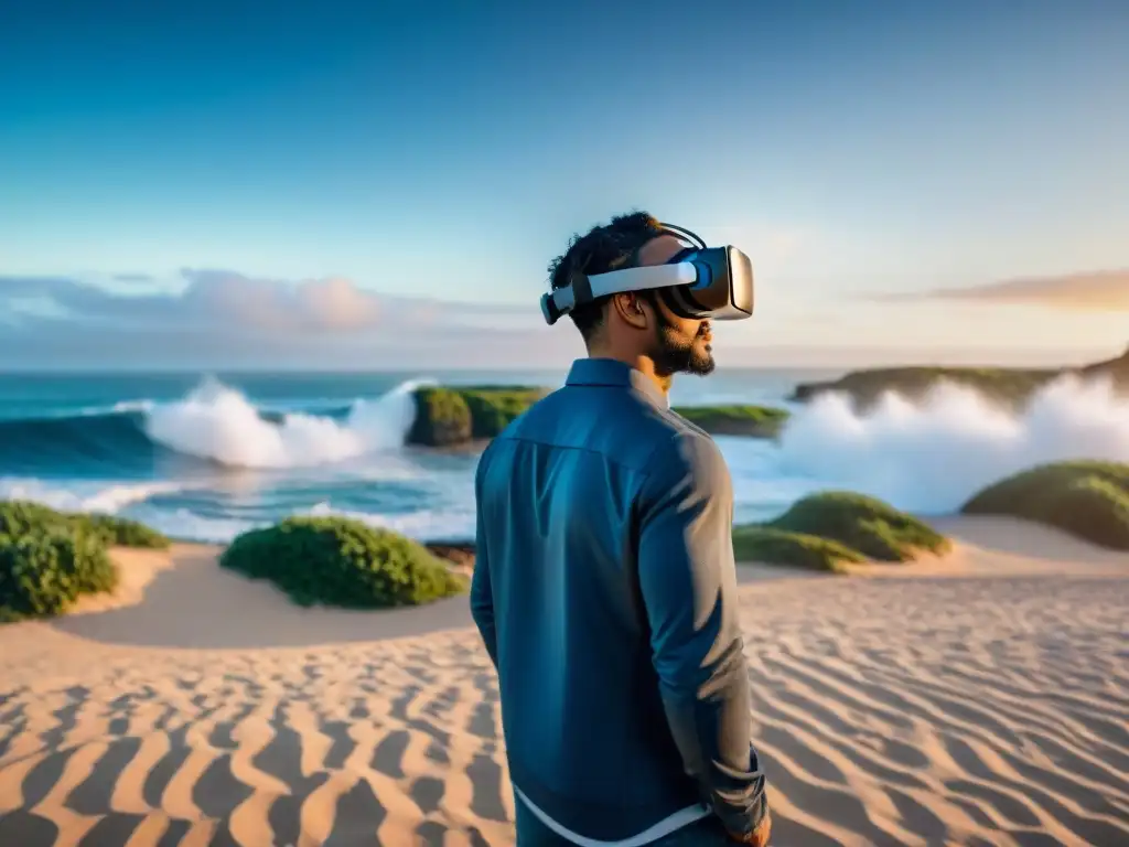 Realidad virtual en la playa: Transformación inmobiliaria Un grupo diverso usando gafas de realidad virtual en una playa virtual