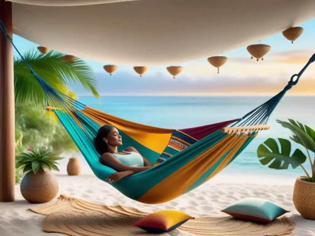 Escena playera bohemia 2023: diversidad en hamacas tejidas bajo una cúpula de telas vibrantes, decoración ecléctica y plantas tropicales, bañados por la cálida luz dorada del atardecer Grupo diverso en hamacas coloridas bajo un dosel de tela ondeante, rodeado de decoración artesanal y plantas tropicales