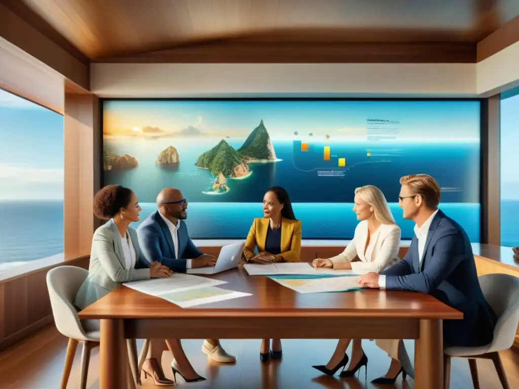 Inversores colaborando en estrategias de inversión costera Un grupo diverso de inversores discutiendo estrategias financieras en una mesa de madera, rodeados de mapas costeros y gráficos económicos