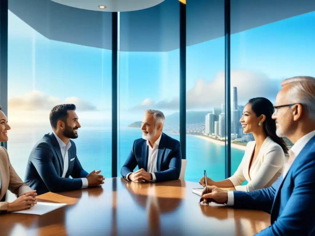 Inversores debaten estrategias de inversión en REITs costeros Grupo diverso de inversores discuten estrategias de inversión en REITs costeros en una sala de juntas moderna con vista a la ciudad